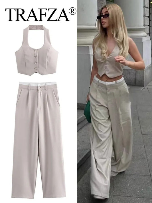 Trafza Single Breasted Crop Vest & Trouser Set