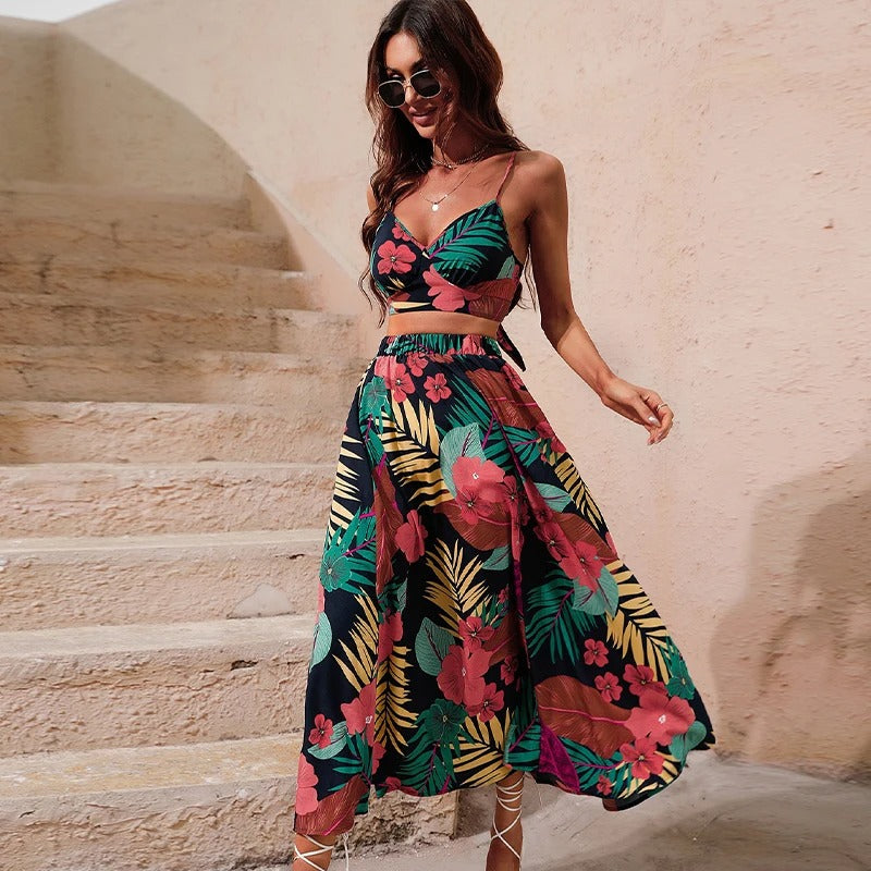 Long Floral Print 2 Piece Dress