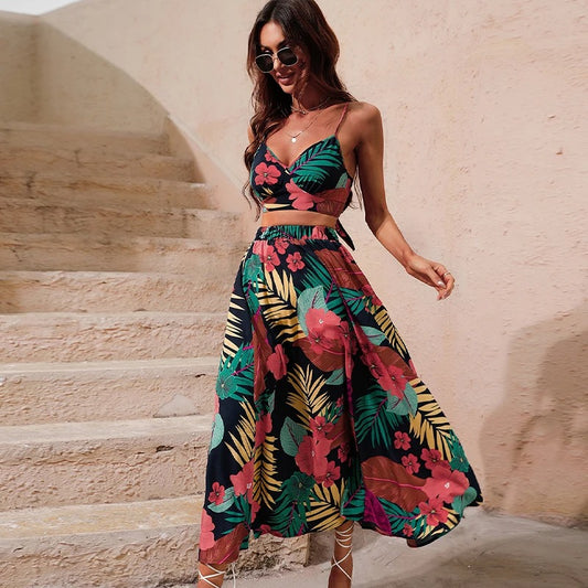 Long Floral Print 2 Piece Dress