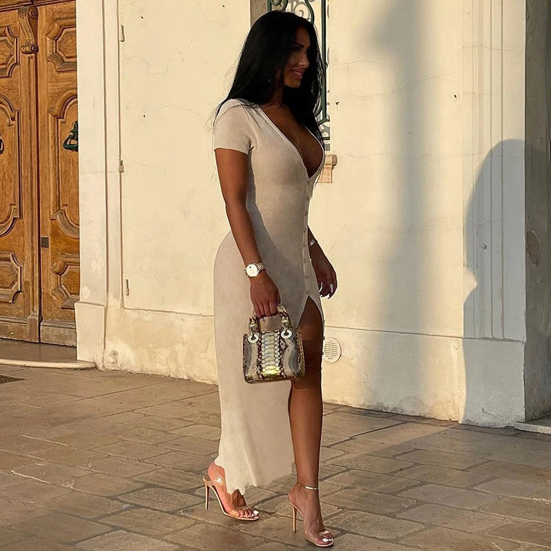 V-Neck Short Sleeve Maxi Dress