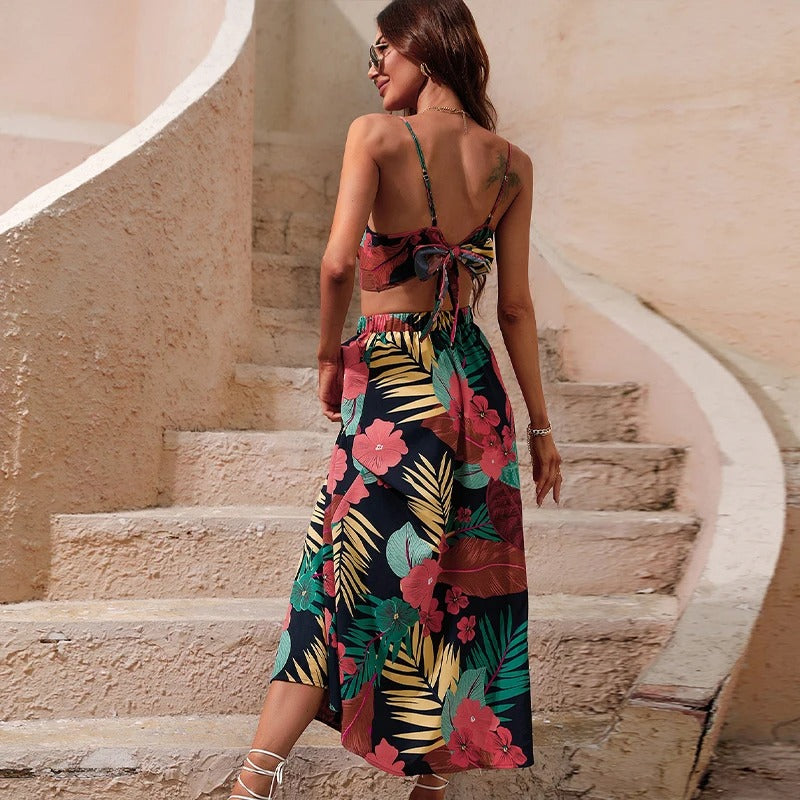 Long Floral Print 2 Piece Dress