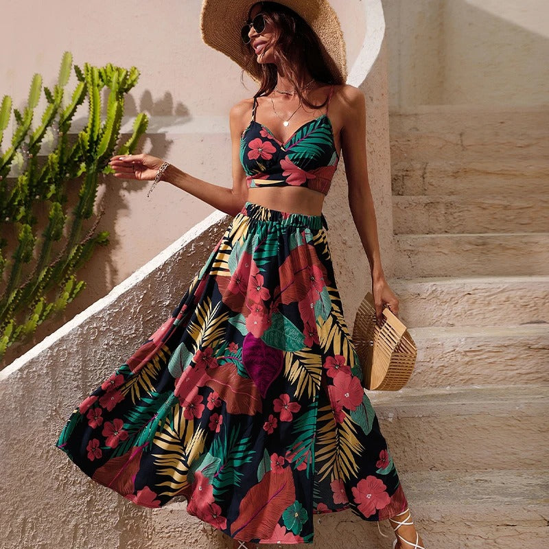 Long Floral Print 2 Piece Dress