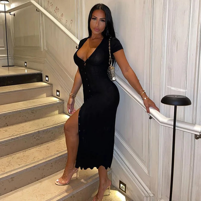 V-Neck Short Sleeve Maxi Dress