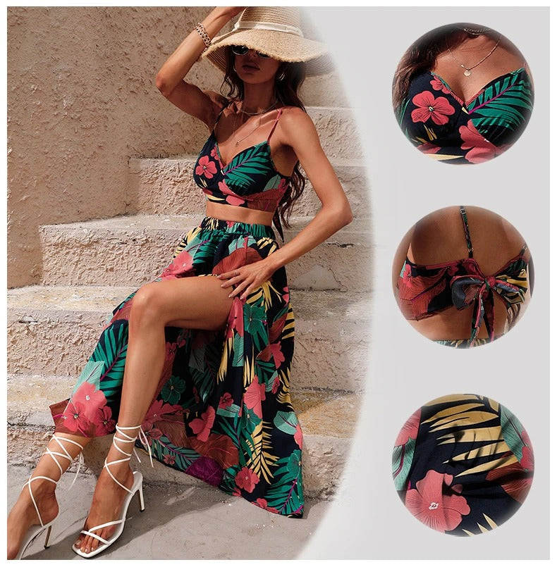 Long Floral Print 2 Piece Dress