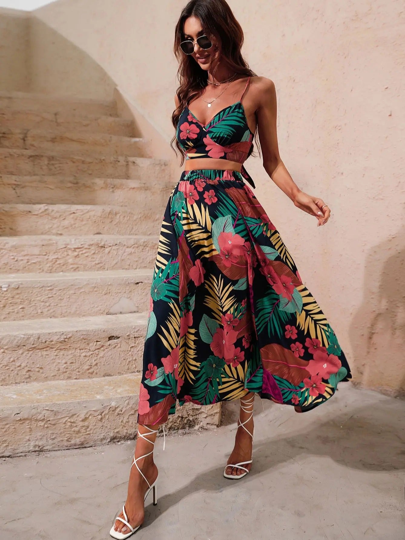 Long Floral Print 2 Piece Dress